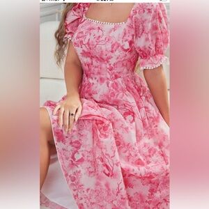 Floral MIDI Feminie Dainty Dress Puff Sleeves Pink XL
